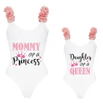 Mommy and Me Bathing Suits Daughter Of The Queen Mommy Of A Princess Flower Shoulder Backless Swimsuits
