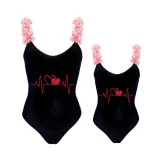 Mommy and Me Bathing Suits Heart Electrocardiogram Flower Shoulder Backless Swimsuits