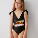Mommy and Me Bathing Suits Mama Mini Print Strip Wings Shoulder Backless Swimsuits