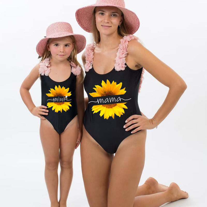 Mommy and Me Bathing Suits Mama Mini Sunflower Flower Shoulder Backless Swimsuits