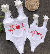 Mommy and Me Bathing Suits Heart Electrocardiogram Wings Shoulder Backless Swimsuits