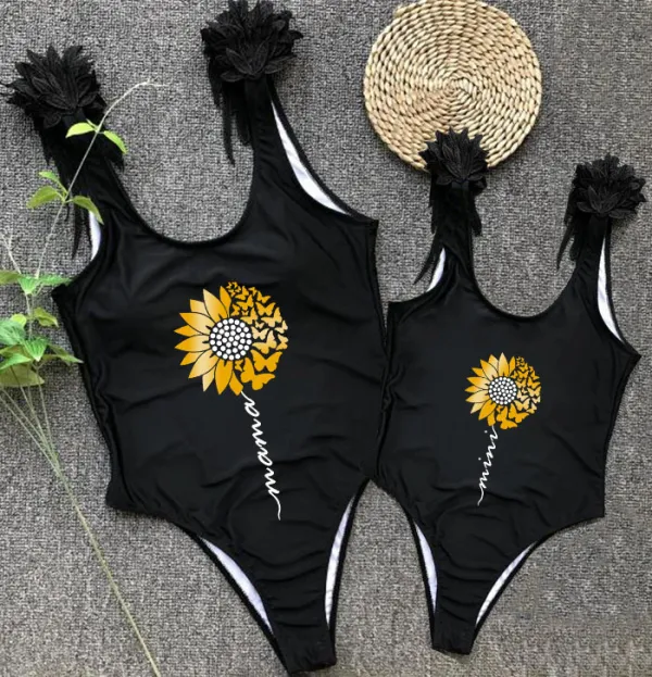 Mommy and Me Bathing Suits Mama Mini Sunflower Wings Shoulder Backless Swimsuits