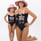 Mommy and Me Bathing Suits Mom And Kid Sunglass Head Flower Shoulder Backless Swimsuits