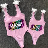 Mommy and Me Bathing Suits Colorful Leopard Wings Shoulder Backless Swimsuits