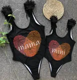 Mommy and Me Bathing Suits Fingerprint Mama Mini Wings Shoulder Backless Swimsuits