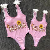 Mommy and Me Bathing Suits Sunflower Butterfly Mama Mini Wings Shoulder Backless Swimsuits