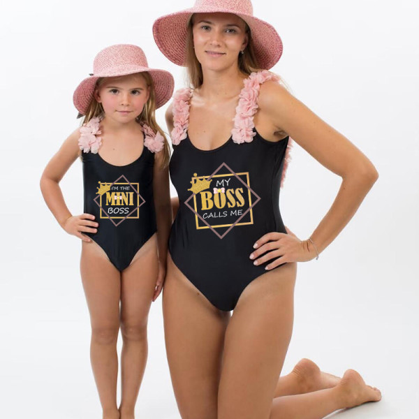 Mommy and Me Bathing Suits I'm The Mini Boss My Boss Calls Me Flower Shoulder Backless Swimsuits