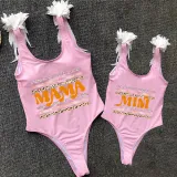 Mommy and Me Bathing Suits Mama Mini Print Strip Wings Shoulder Backless Swimsuits
