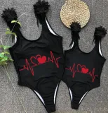 Mommy and Me Bathing Suits Heart Electrocardiogram Wings Shoulder Backless Swimsuits