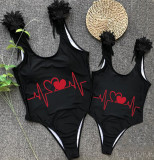 Mommy and Me Bathing Suits Heart Electrocardiogram Wings Shoulder Backless Swimsuits