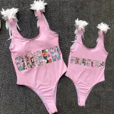 Mommy and Me Bathing Suits Queen And Princess Print Wings Shoulder Backless Swimsuits