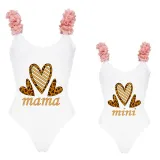 Mommy and Me Bathing Suits Mama Mini Three Heart Flower Shoulder Backless Swimsuits