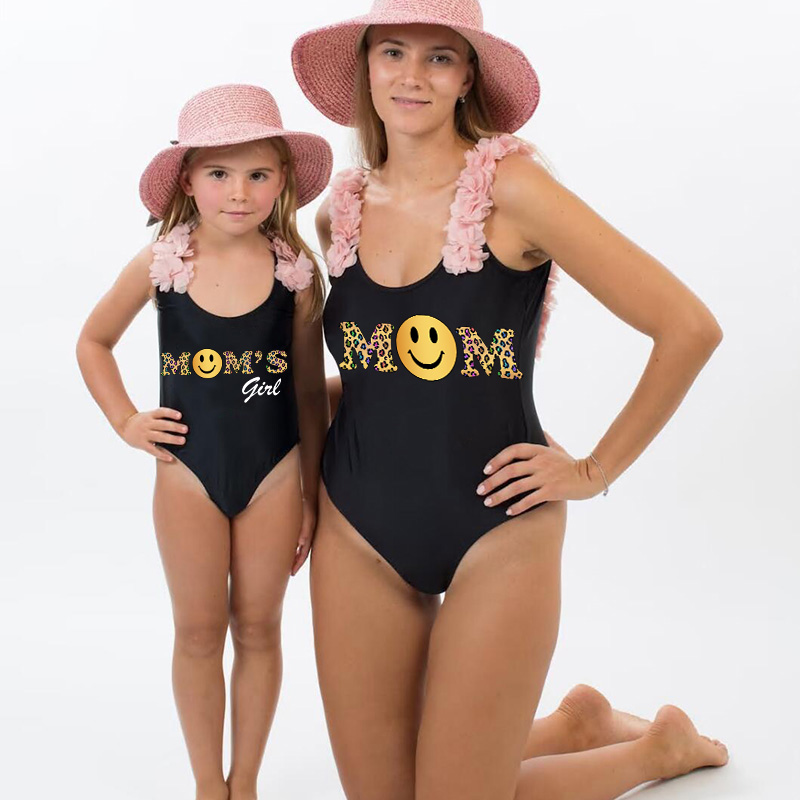 Mommy and Me Bathing Suits Mom Smile Mom’s Girl Flower Shoulder Backless Swimsuits