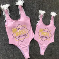 Mommy and Me Bathing Suits I'm The Mini Boss My Boss Calls Me Wings Shoulder Backless Swimsuits