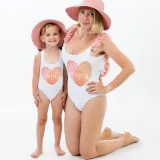 Mommy and Me Bathing Suits Fingerprint Mama Mini Flower Shoulder Backless Swimsuits