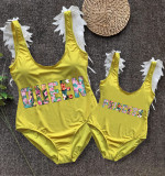 Mommy and Me Bathing Suits Queen And Princess Print Wings Shoulder Backless Swimsuits