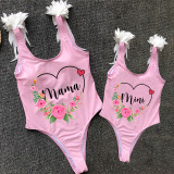 Mommy and Me Bathing Suits Flower Wreath Wings Shoulder Backless Swimsuits