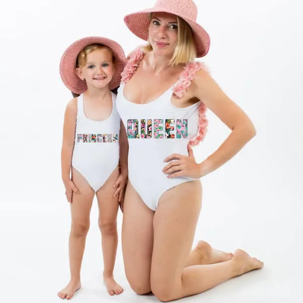 Mommy and Me Bathing Suits Queen And Princess Print Flower Shoulder Backless Swimsuits