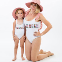 Mommy and Me Bathing Suits Queen And Princess Print Flower Shoulder Backless Swimsuits