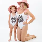 Mommy and Me Bathing Suits Mom And Kid Sunglass Head Flower Shoulder Backless Swimsuits