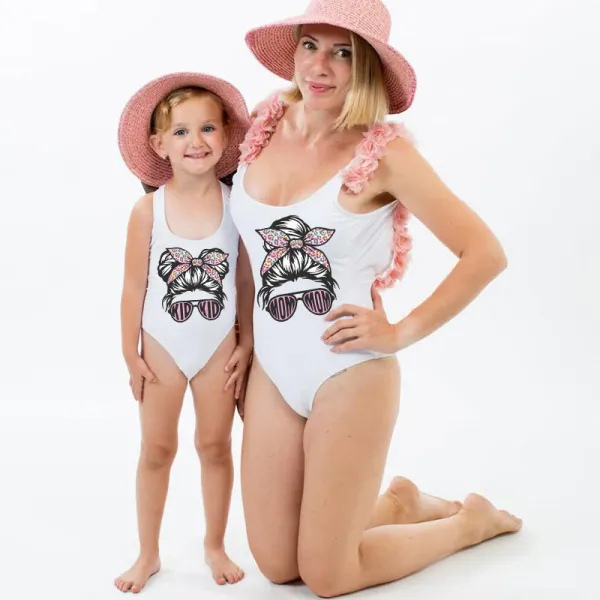 Mommy and Me Bathing Suits Mom And Kid Sunglass Head Flower Shoulder Backless Swimsuits