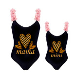 Mommy and Me Bathing Suits Mama Mini Three Heart Flower Shoulder Backless Swimsuits
