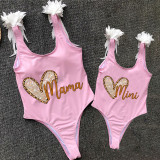 Mommy and Me Bathing Suits Heart Mama Mini Wings Shoulder Backless Swimsuits
