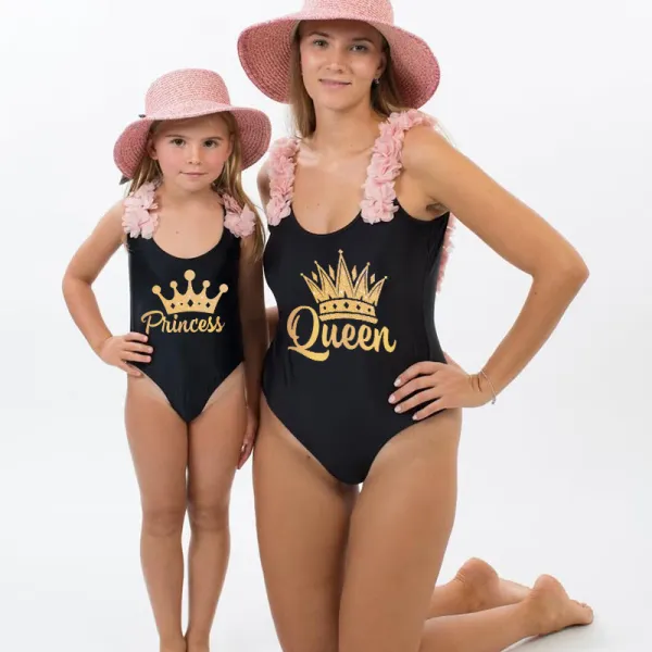 Mommy and Me Bathing Suits Princess Queen Flower Shoulder Backless Swimsuits