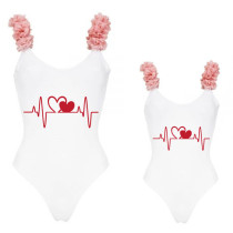 Mommy and Me Bathing Suits Heart Electrocardiogram Flower Shoulder Backless Swimsuits