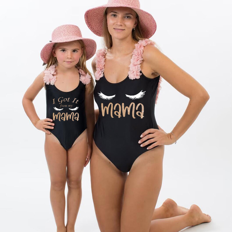 Mommy and Me Bathing Suits I Got It From My Mama Flower Shoulder Backless Swimsuits