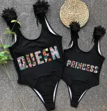 Mommy and Me Bathing Suits Queen And Princess Print Wings Shoulder Backless Swimsuits