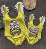 Mommy and Me Bathing Suits Mom And Kid Sunglass Head Wings Shoulder Backless Swimsuits