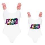 Mommy and Me Bathing Suits Colorful Leopard Flower Shoulder Backless Swimsuits