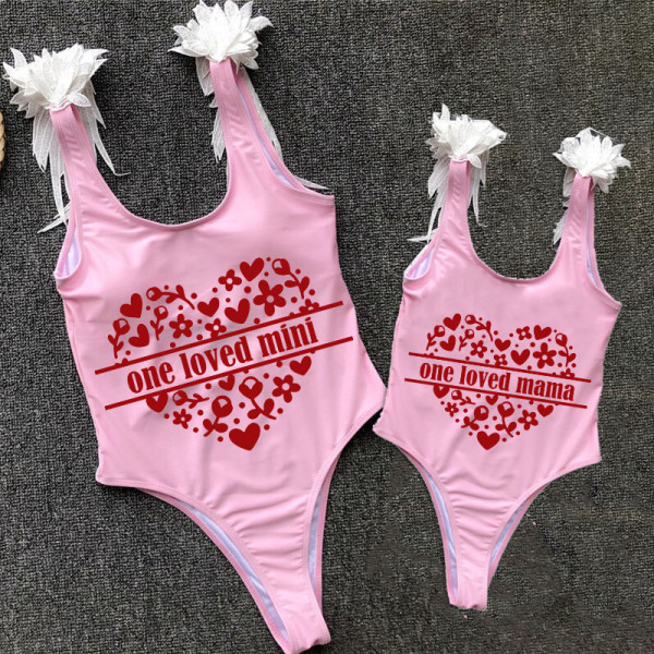 Mommy and Me Bathing Suits One Loved Mama Mini Wings Shoulder Backless Swimsuits