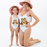 Mommy and Me Bathing Suits Mama Mini Three Heart Flower Shoulder Backless Swimsuits