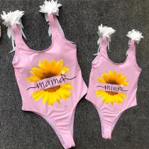 Mommy and Me Bathing Suits Mama Mini Sunflower Wings Shoulder Backless Swimsuits