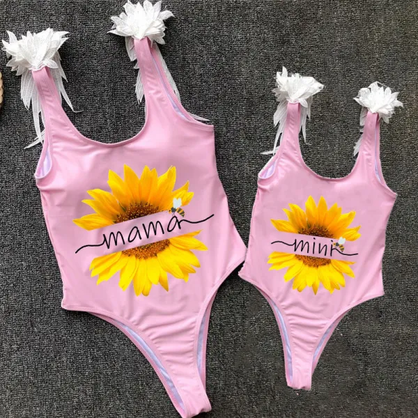 Mommy and Me Bathing Suits Mama Mini Sunflower Wings Shoulder Backless Swimsuits