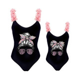 Mommy and Me Bathing Suits Mom And Kid Sunglass Head Flower Shoulder Backless Swimsuits