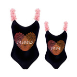 Mommy and Me Bathing Suits Fingerprint Mama Mini Flower Shoulder Backless Swimsuits