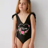 Mommy and Me Bathing Suits Flower Wreath Wings Shoulder Backless Swimsuits