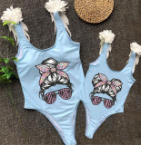 Mommy and Me Bathing Suits Mom And Kid Sunglass Head Wings Shoulder Backless Swimsuits