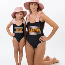 Mommy and Me Bathing Suits Mama Mini Print Strip Flower Shoulder Backless Swimsuits
