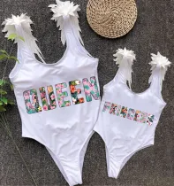 Mommy and Me Bathing Suits Queen And Princess Print Wings Shoulder Backless Swimsuits
