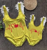 Mommy and Me Bathing Suits Heart Electrocardiogram Wings Shoulder Backless Swimsuits