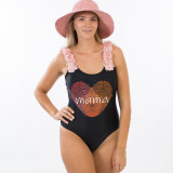 Mommy and Me Bathing Suits Fingerprint Mama Mini Flower Shoulder Backless Swimsuits