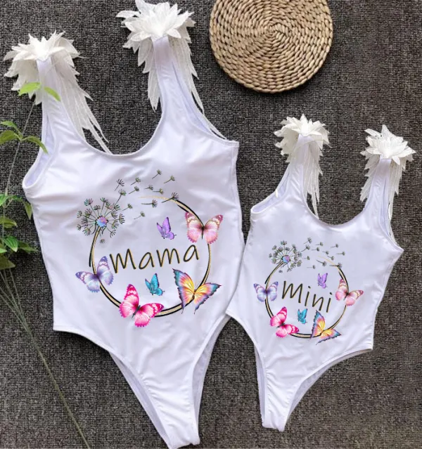 Mommy and Me Bathing Suits Butterfly Dandelion Wings Shoulder Backless Swimsuits