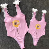 Mommy and Me Bathing Suits Mama Mini Sunflower Wings Shoulder Backless Swimsuits