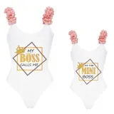Mommy and Me Bathing Suits I'm The Mini Boss My Boss Calls Me Flower Shoulder Backless Swimsuits