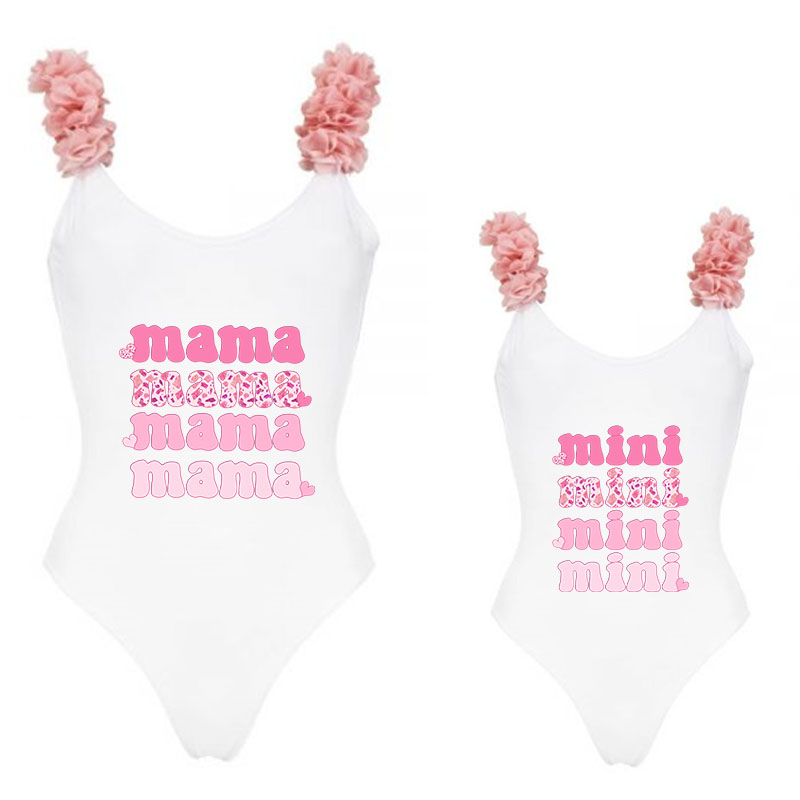 Mommy and Me Bathing Suits Mama Mini Print Flower Shoulder Backless Swimsuits