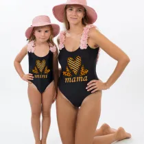 Mommy and Me Bathing Suits Mama Mini Three Heart Flower Shoulder Backless Swimsuits
